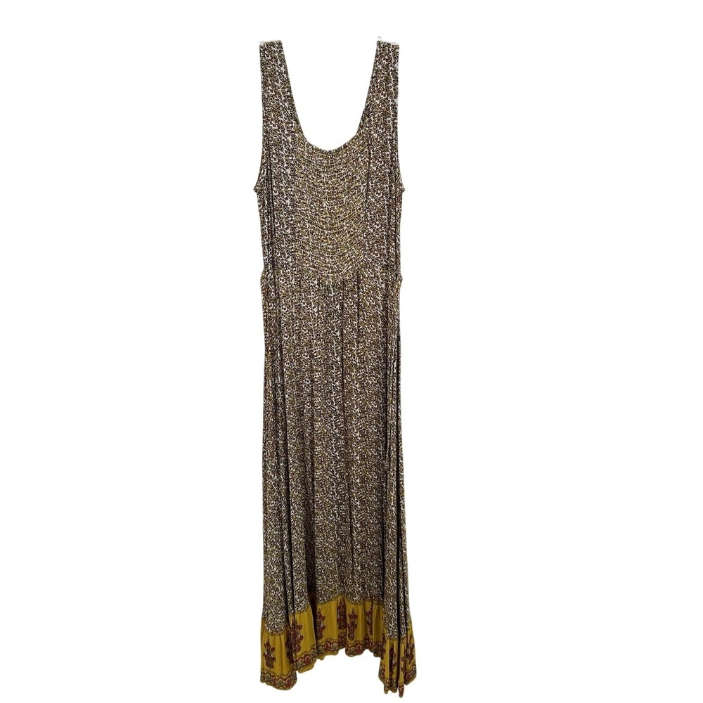 J. Glee Women M Floral Paisley Lace Up Smocked Back Maxi Dress Yellow Brown Y2K